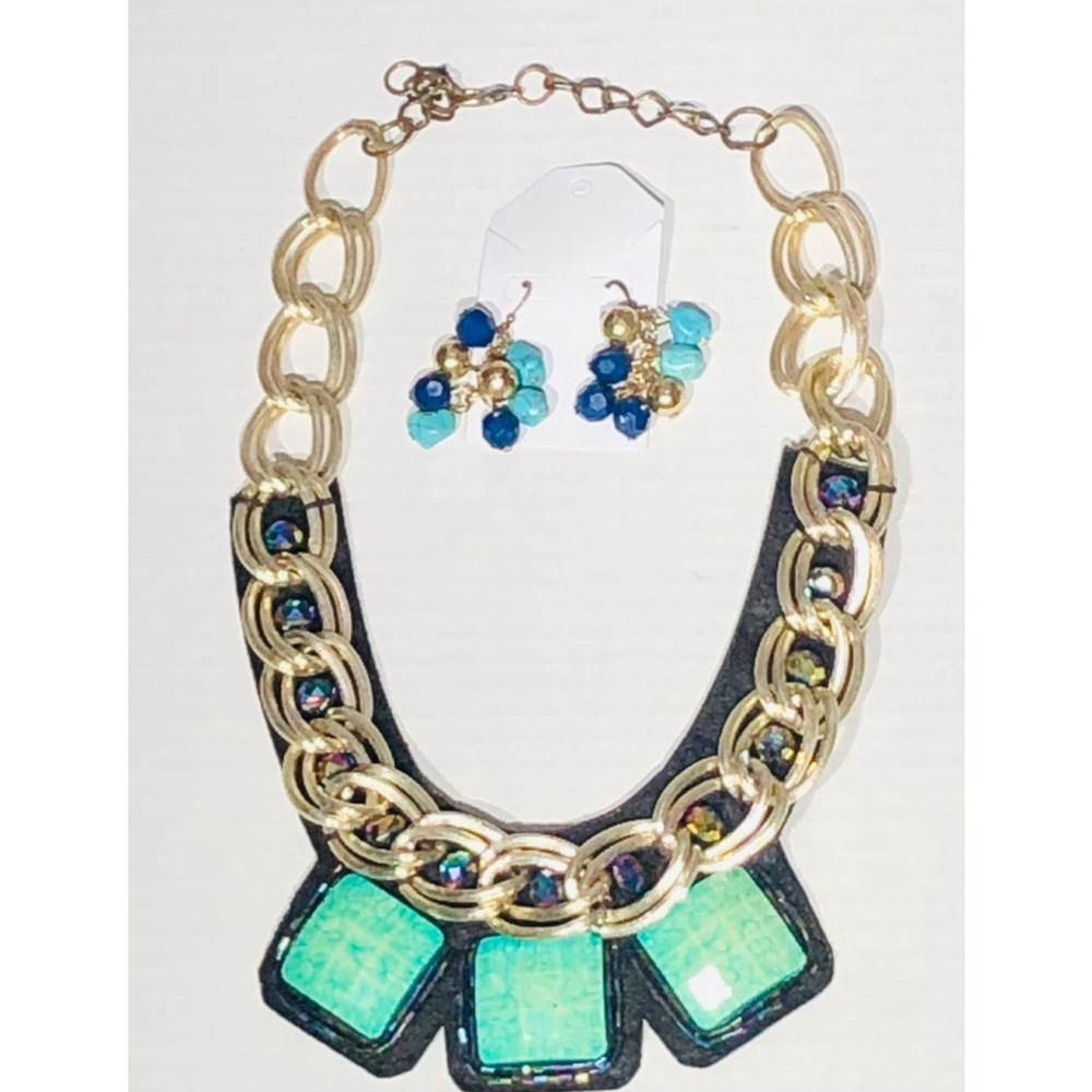 Vintage Turquoise Gold Choker Necklace Earrings Set
